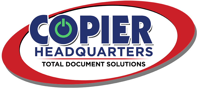 Logo for Copier Headquarters in Los Angeles featuring bold blue text with a green power button inside the O. Below, HEADQUARTERS is in blue and Total Document Solutions, specializing in Copy Machine Sales, sits inside a red oval outline.