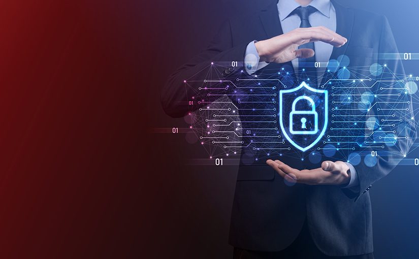 A person in a suit holds their hands around a glowing digital shield with a padlock icon, symbolizing business cybersecurity protection. The background features abstract data and network lines, evoking an ultimate guide to safeguarding information.