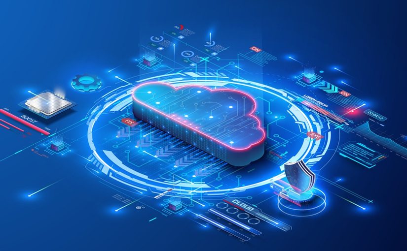 A glowing 3D cloud icon surrounded by digital symbols, circuit lines, and technology elements on a blue background, representing cloud-based cybersecurity, data storage, and best practices in a futuristic, digital environment.