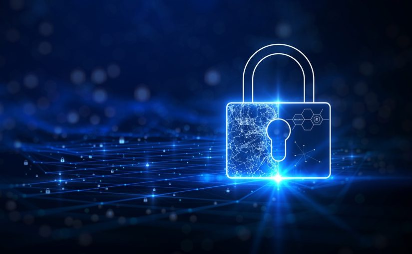 A glowing digital padlock hovers over a dark blue grid filled with small padlock icons, symbolizing upgraded cybersecurity and the benefits of enhanced data protection in a digital network environment.