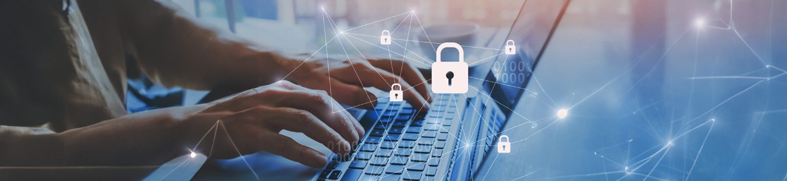 Hands typing on a laptop keyboard with digital padlock icons and network lines overlayed, representing business cybersecurity and data protection in a secure business network.