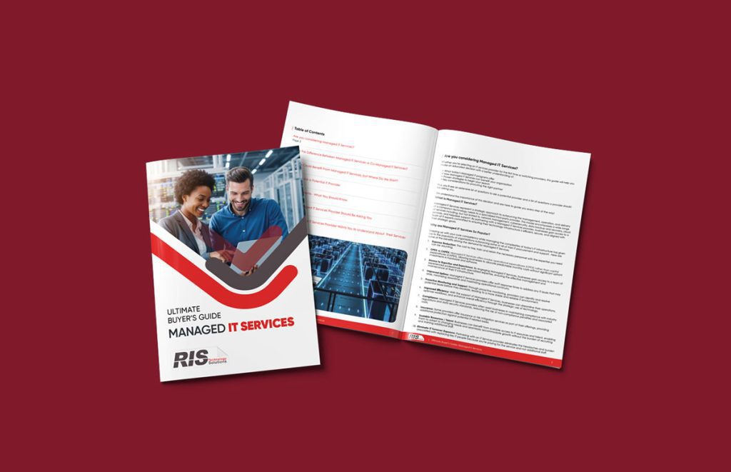 Two business-themed brochures on a dark red background; one is closed with the cover titled Ultimate Buyers Guide Managed IT Services & Managed Print Services, while the other is open displaying text and images of servers.