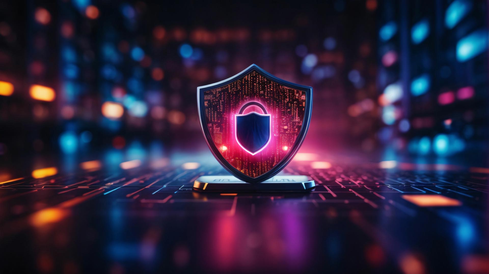 A glowing digital shield with a padlock icon at its center stands on a circuit board, symbolizing GoodSuite’s compliance-ready cybersecurity solution, with colorful lights and blurred data patterns in the background.