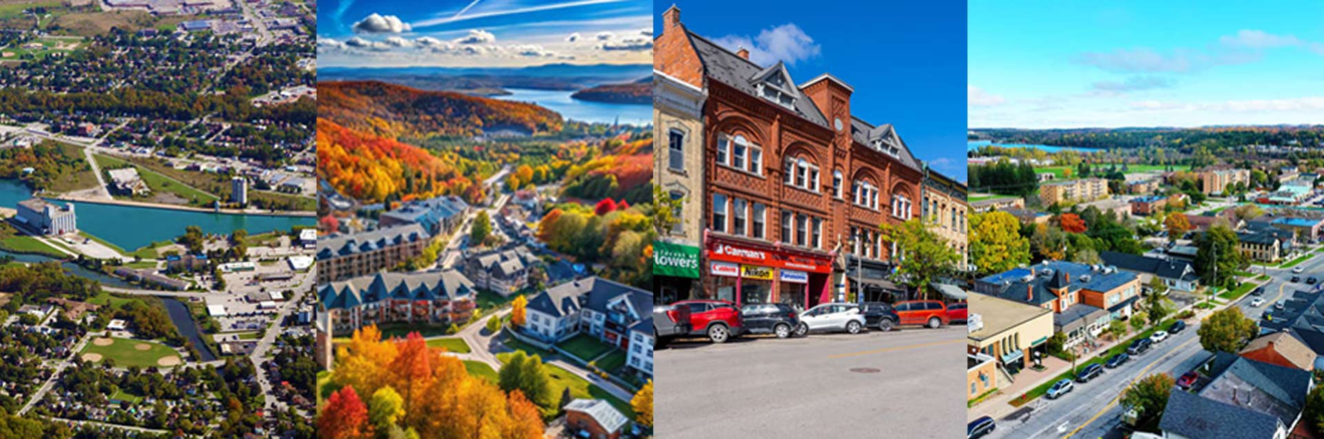Four panels showing aerial and street views of small towns: tree-lined streets, colorful autumn foliage, historic brick buildings with shops featuring GoodSuite signage, and clusters of houses surrounded by greenery under blue skies.